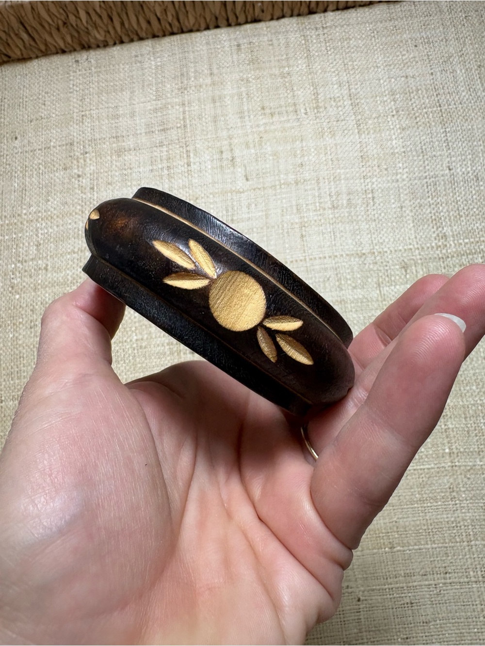 Vintage Carved Wood Bangle Bracelet Dark Wood Floral Inlay Boho Cottagecore
